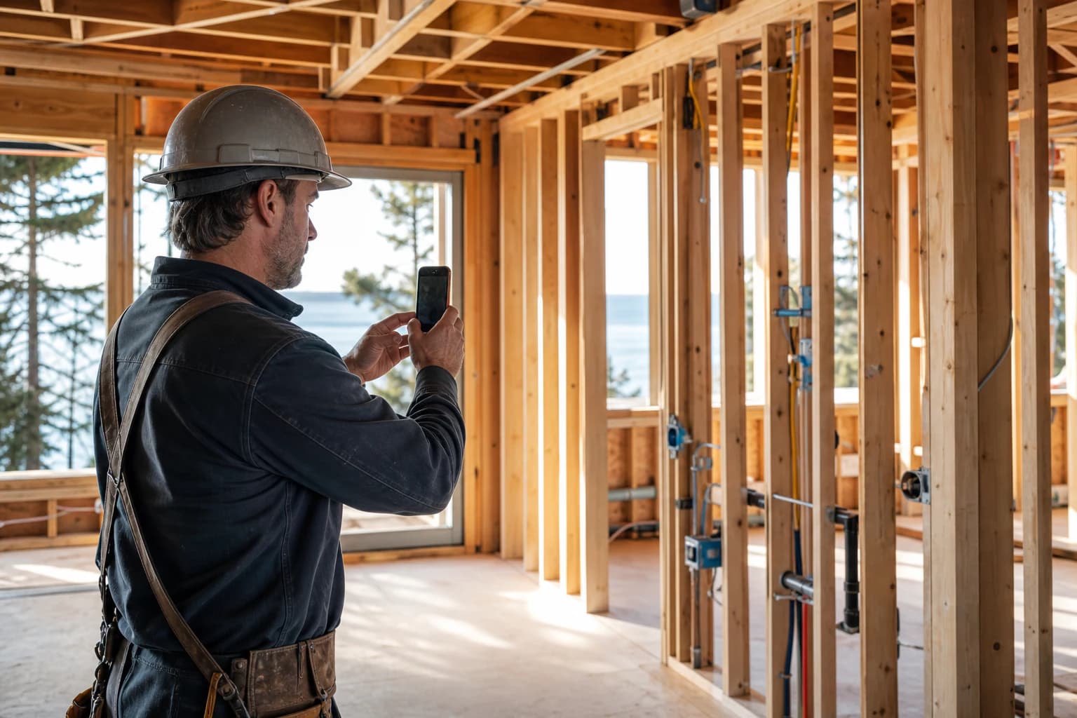 Conceptual illustration of a residential builder documenting framing and rough-in conditions before concealment
